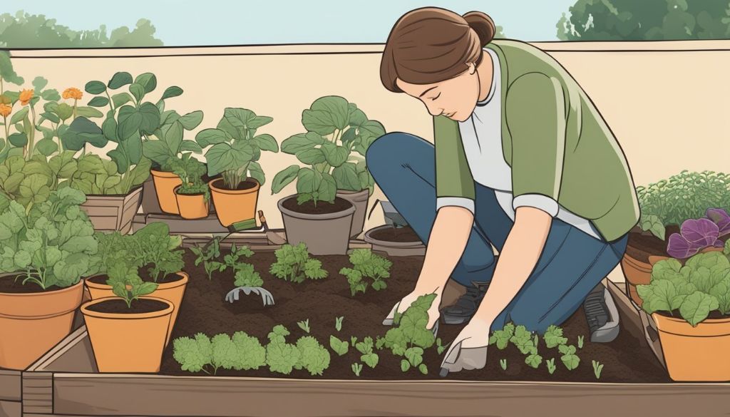 gardener planting seedlings in an edible garden bed
