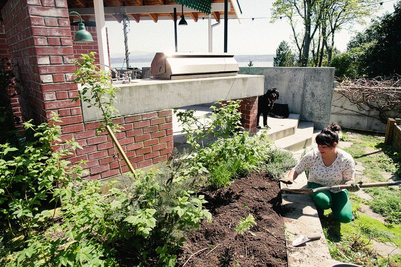 person adding compost to their vegetable garden bed before planting.